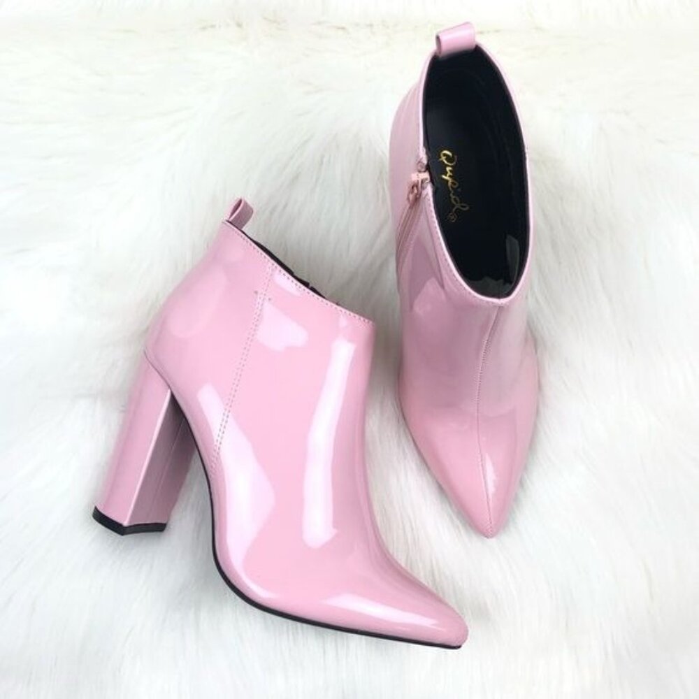 New Women's Qupid Signal Block Heel Low Pointed Toe Ankle Bootie Baby Pink - Picture 6 of 12